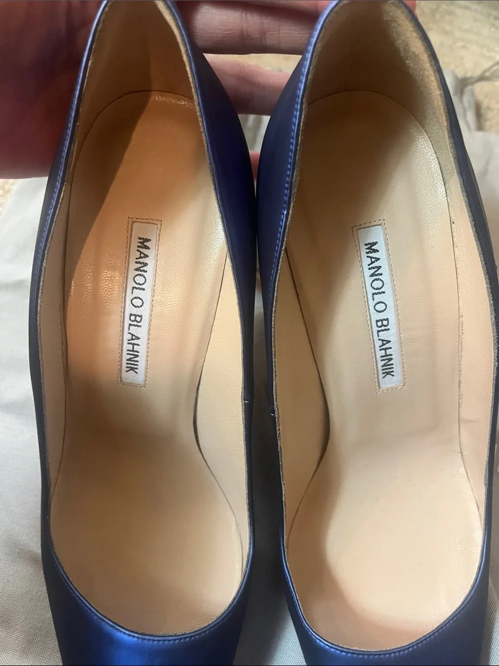 Manolo Blahnik Navy Satin Pointed-Toe Pumps